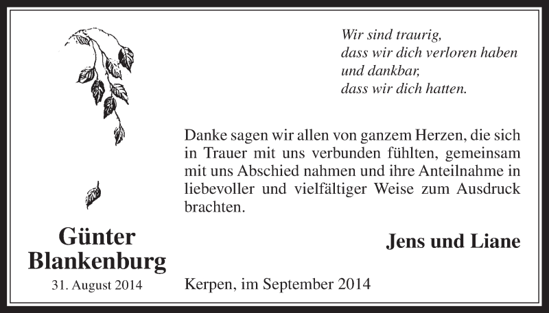 Traueranzeige für Günter Blankenburg vom 24.09.2014 aus  Werbepost 