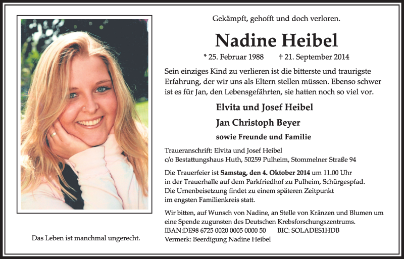  Traueranzeige für Nadine Heibel vom 27.09.2014 aus  Sonntags-Post 