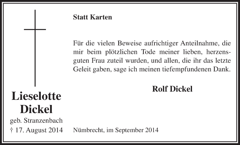  Traueranzeige für Lieselotte Dickel vom 01.10.2014 aus  Lokalanzeiger 
