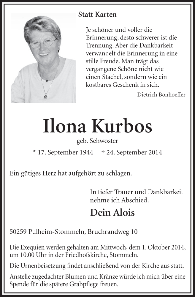  Traueranzeige für Ilona Kurbos vom 27.09.2014 aus  Sonntags-Post 