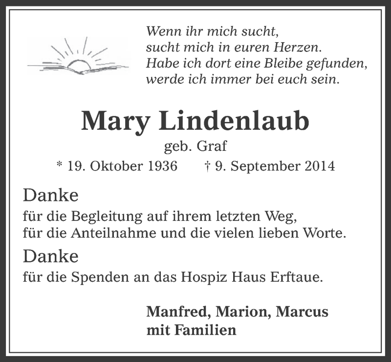  Traueranzeige für Mary Lindenlaub vom 04.10.2014 aus  Sonntags-Post 