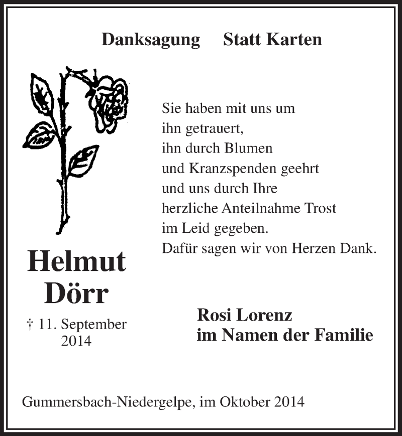  Traueranzeige für Helmut Dörr vom 01.10.2014 aus  Anzeigen Echo 