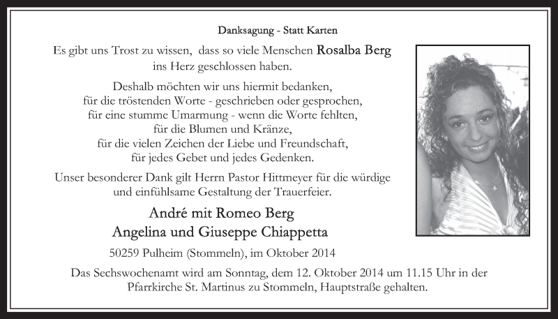  Traueranzeige für Rosalba Berg vom 01.10.2014 aus  Wochenende 