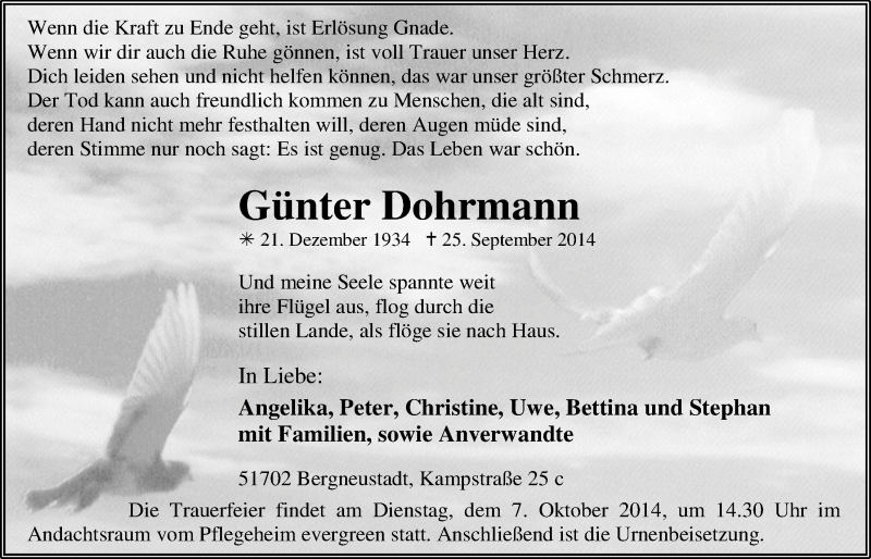  Traueranzeige für Günter Dohrmann vom 01.10.2014 aus  Anzeigen Echo 
