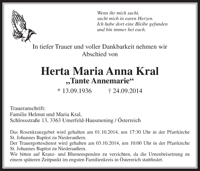  Traueranzeige für Herta Maria Anna Kral vom 01.10.2014 aus  Werbepost 