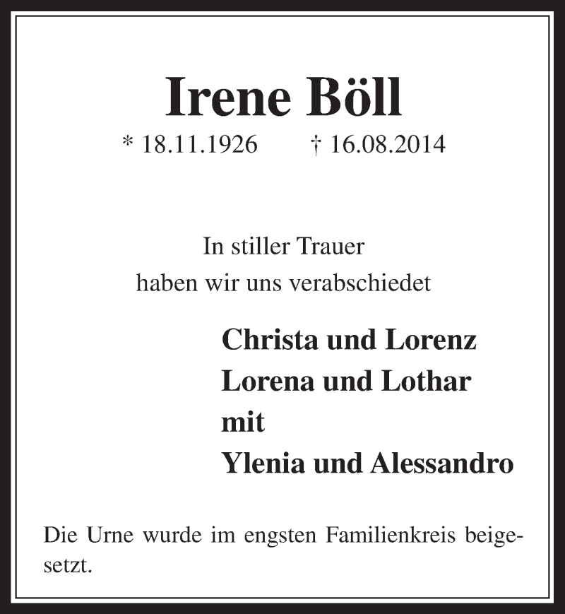  Traueranzeige für Irene Böll vom 01.10.2014 aus  Werbepost 