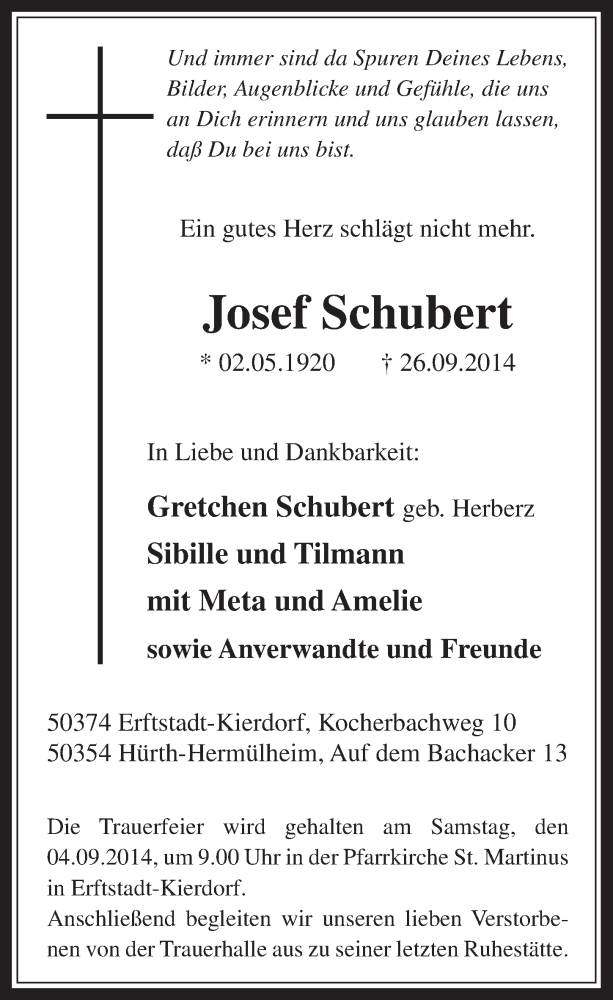  Traueranzeige für Josef Schubert vom 01.10.2014 aus  Wochenende  Werbepost 