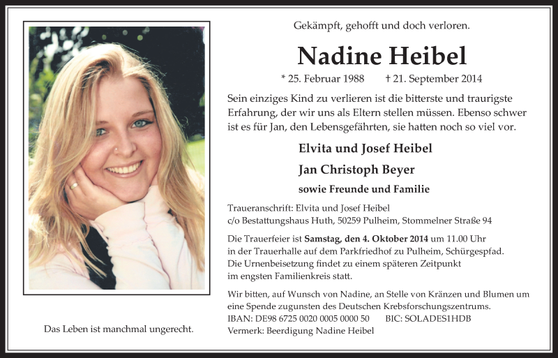  Traueranzeige für Nadine Heibel vom 01.10.2014 aus  Wochenende 