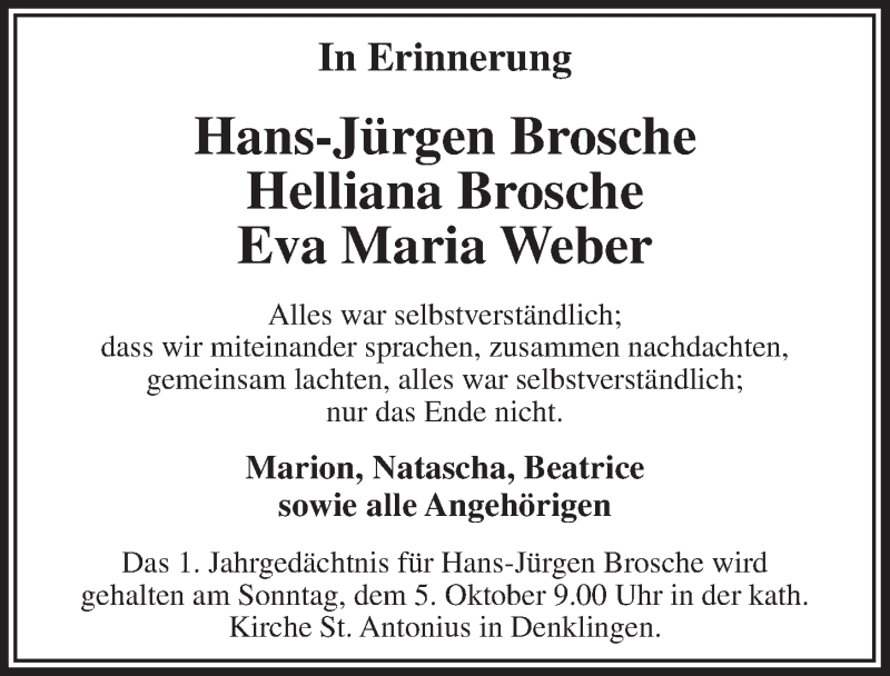  Traueranzeige für Hans-Jürgen und Helliana Brosche vom 01.10.2014 aus  Lokalanzeiger 