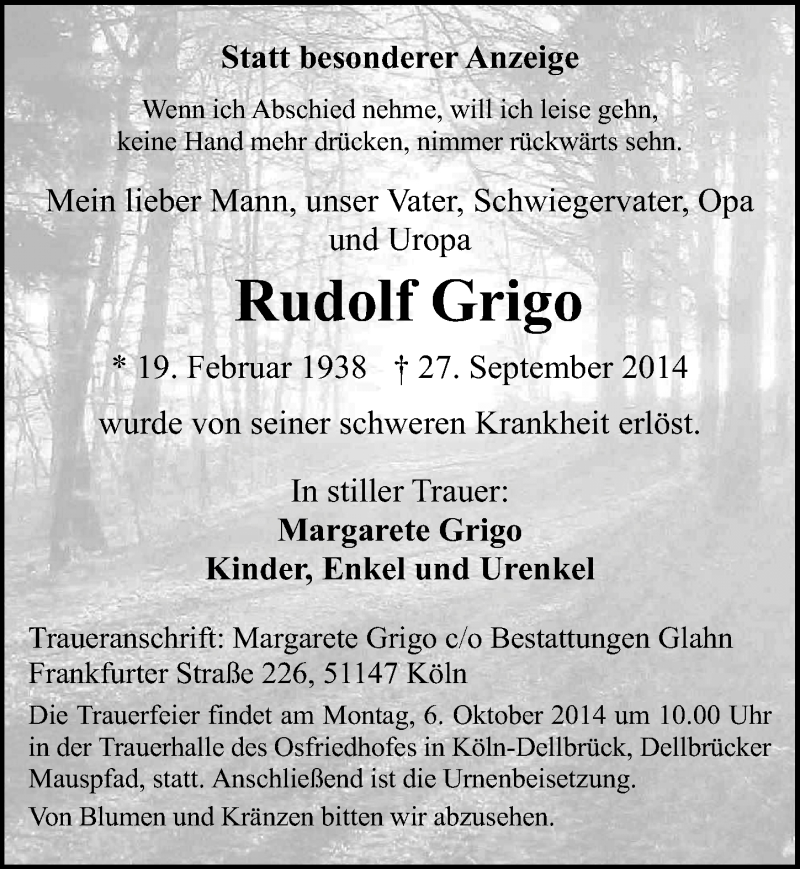  Traueranzeige für Rudolf Grigo vom 01.10.2014 aus  Kölner Wochenspiegel 