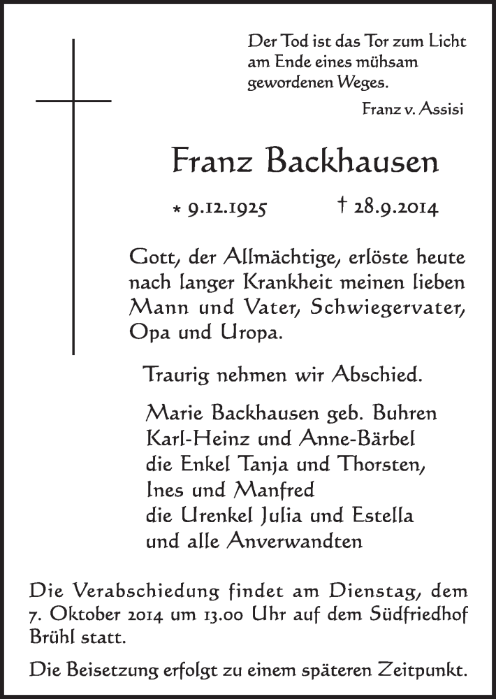  Traueranzeige für Franz Backhausen vom 01.10.2014 aus  Schlossbote/Werbekurier 