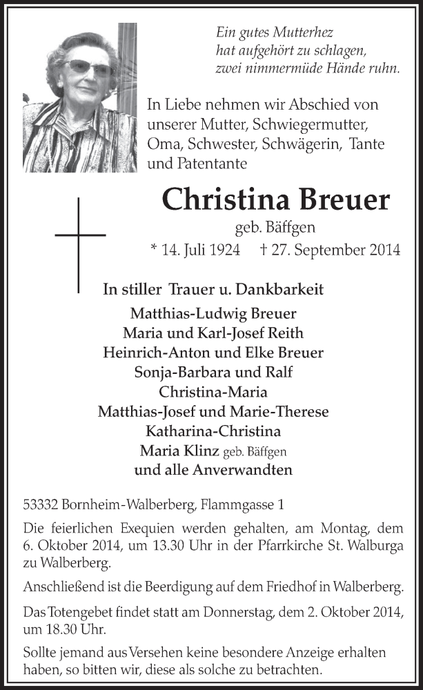  Traueranzeige für Christina Breuer vom 01.10.2014 aus  Schlossbote/Werbekurier 