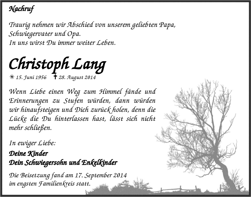  Traueranzeige für Christopg Lang vom 01.10.2014 aus  Anzeigen Echo 