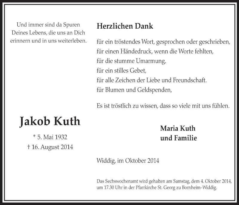  Traueranzeige für Jakob Kuth vom 01.10.2014 aus  Schlossbote/Werbekurier 