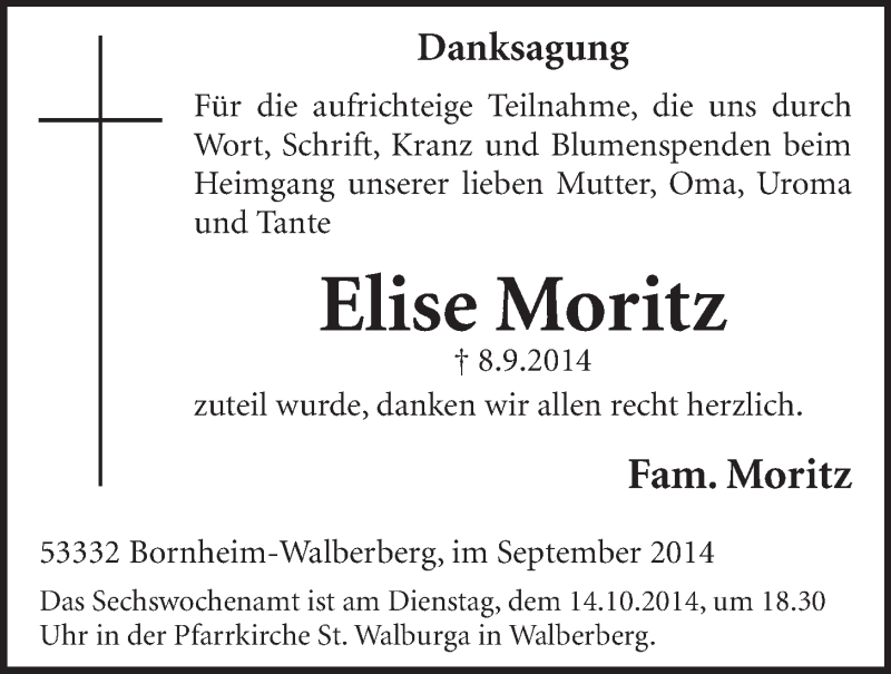  Traueranzeige für Elise Moritz vom 01.10.2014 aus  Schlossbote/Werbekurier 