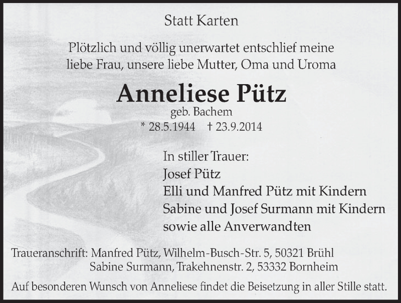  Traueranzeige für Anneliese Pütz vom 01.10.2014 aus  Schlossbote/Werbekurier 