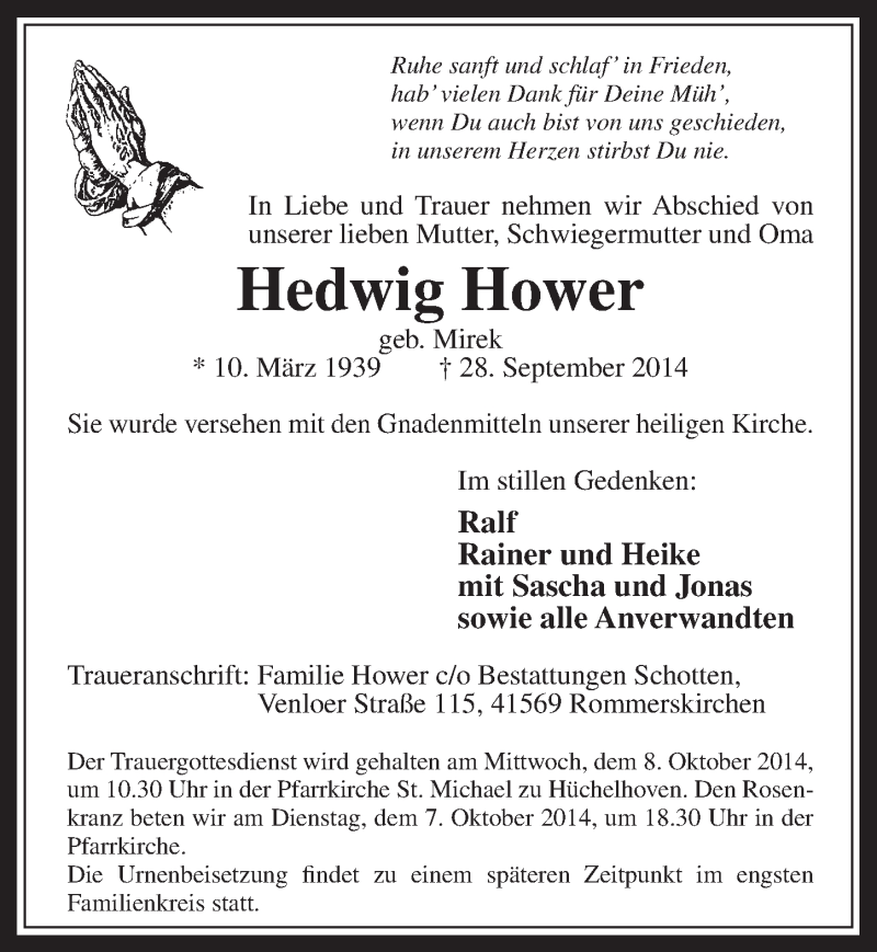  Traueranzeige für Hedwig Hower vom 01.10.2014 aus  Werbepost 