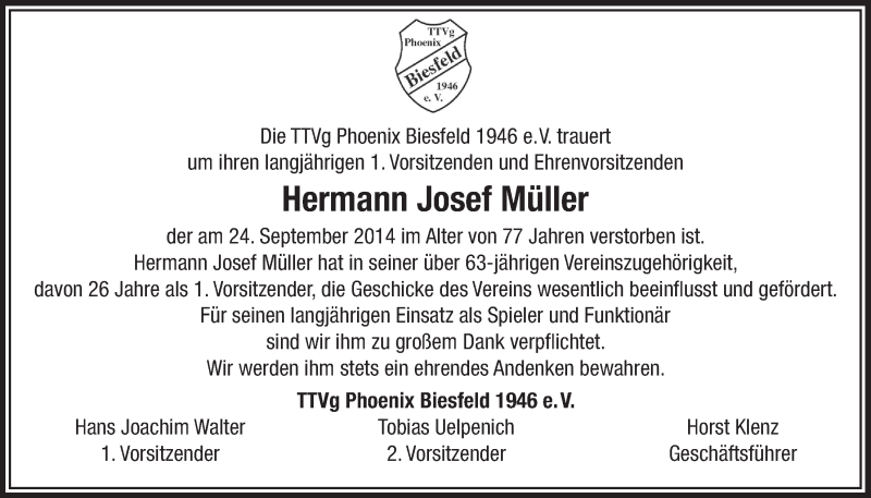  Traueranzeige für Hermann Josef Müller vom 01.10.2014 aus  Bergisches Handelsblatt 