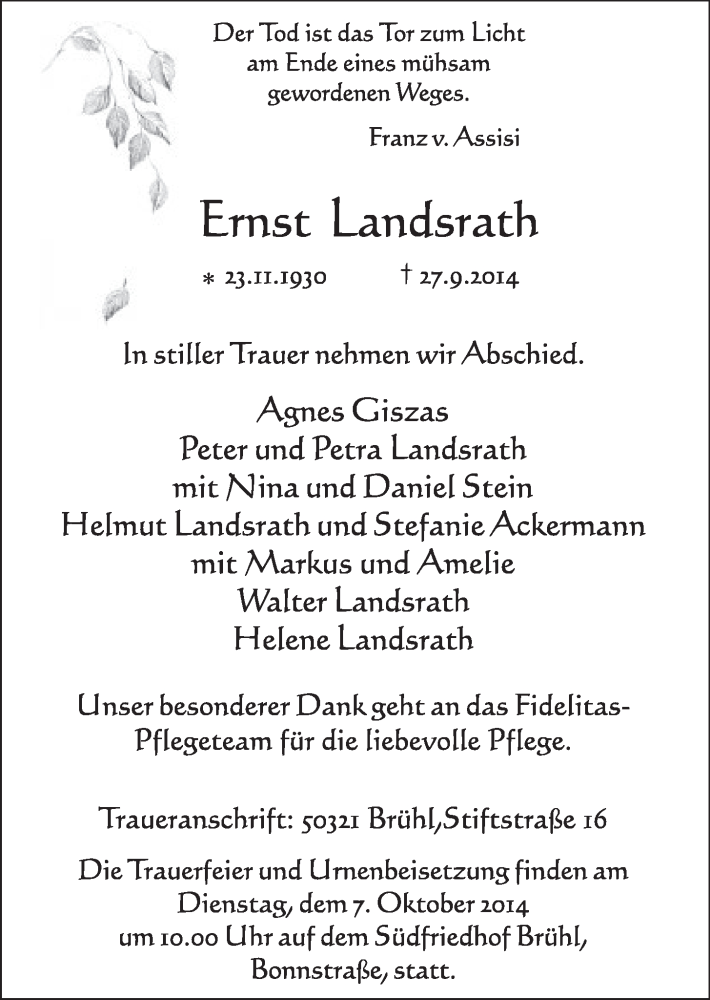  Traueranzeige für Ernst Landsrath vom 01.10.2014 aus  Schlossbote/Werbekurier 