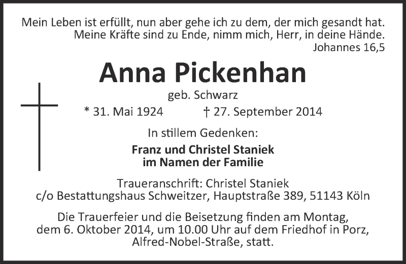 Traueranzeige für Anna Pickenhan vom 01.10.2014 aus  Kölner Wochenspiegel 