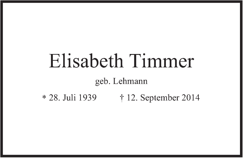  Traueranzeige für Elisabeth Timmer vom 01.10.2014 aus  Bergisches Handelsblatt 