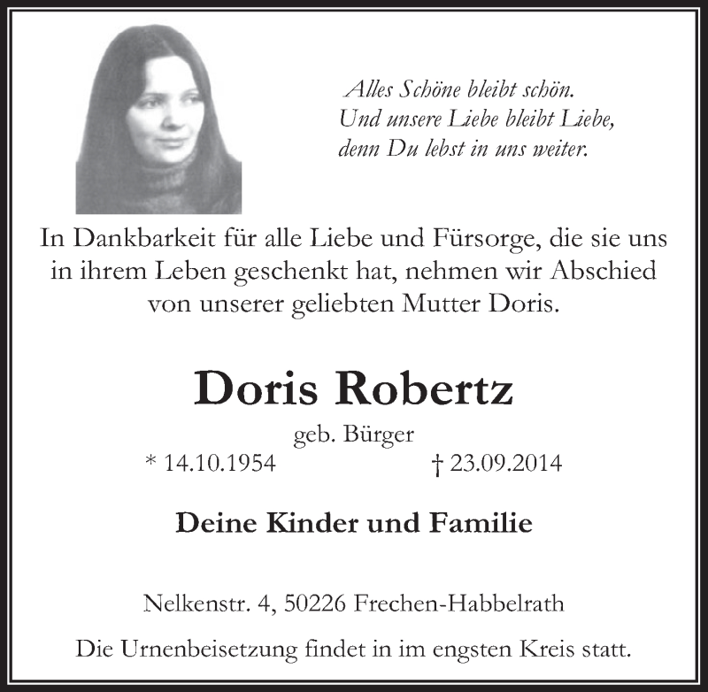  Traueranzeige für Doris Robertz vom 01.10.2014 aus  Wochenende 