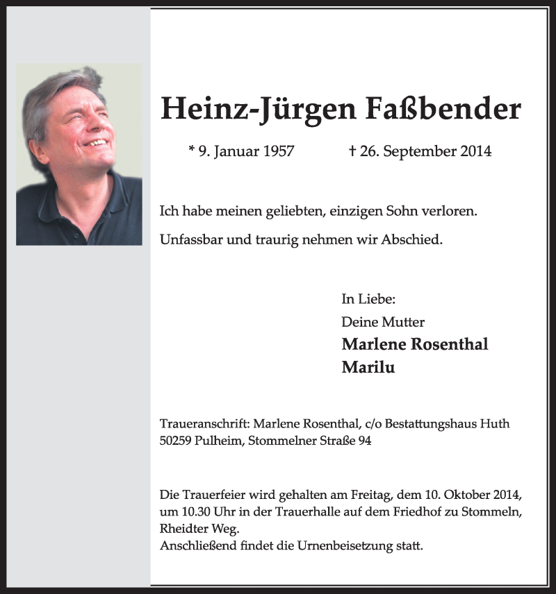  Traueranzeige für Heinz-Jürgen Faßbender vom 04.10.2014 aus  Sonntags-Post 