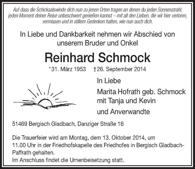  Traueranzeige für Reinhard Schmock vom 08.10.2014 aus  Bergisches Handelsblatt 