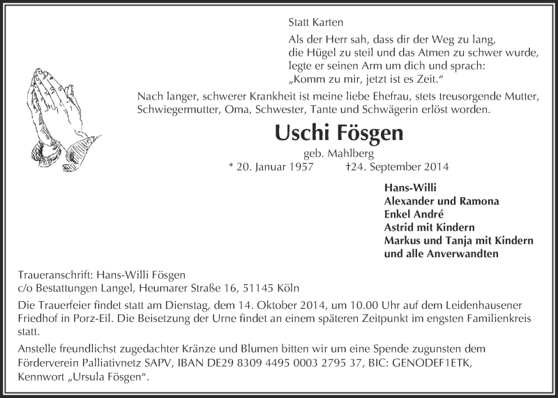  Traueranzeige für Uschi Fösgen vom 08.10.2014 aus  Kölner Wochenspiegel 