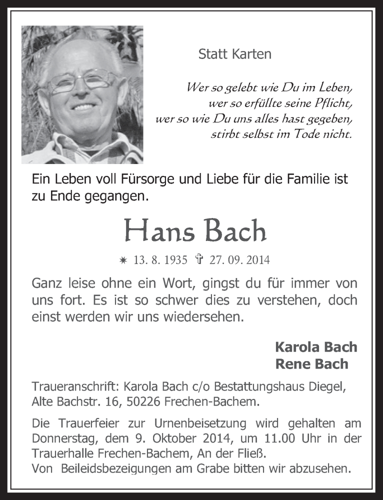  Traueranzeige für Hans Bach vom 08.10.2014 aus  Wochenende 