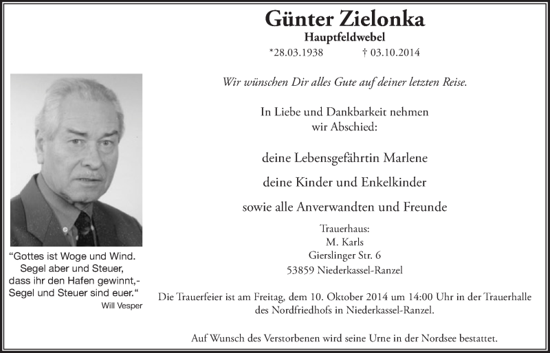  Traueranzeige für Günter Zielonka vom 08.10.2014 aus  Extra Blatt 