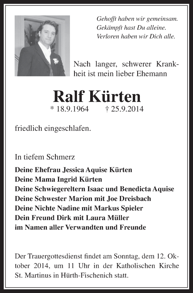  Traueranzeige für Ralf Kürten vom 08.10.2014 aus  Wochenende 