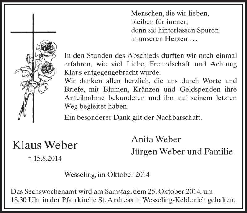  Traueranzeige für Klaus Weber vom 15.10.2014 aus  Schlossbote/Werbekurier 