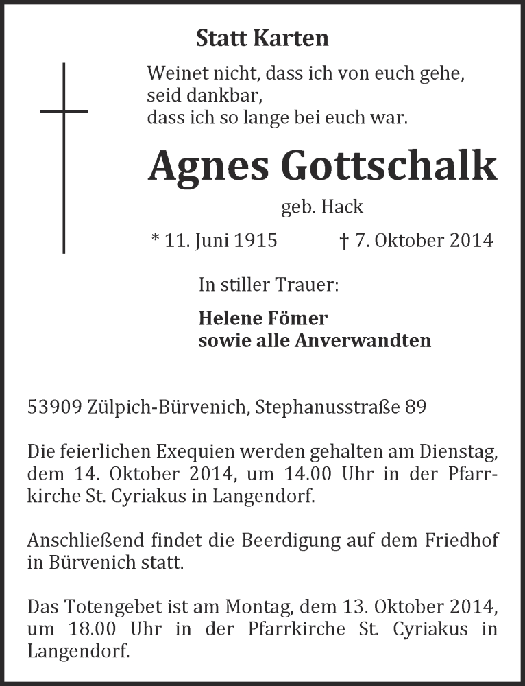  Traueranzeige für Agnes Gottschalk vom 12.10.2014 aus  Blickpunkt Euskirchen 