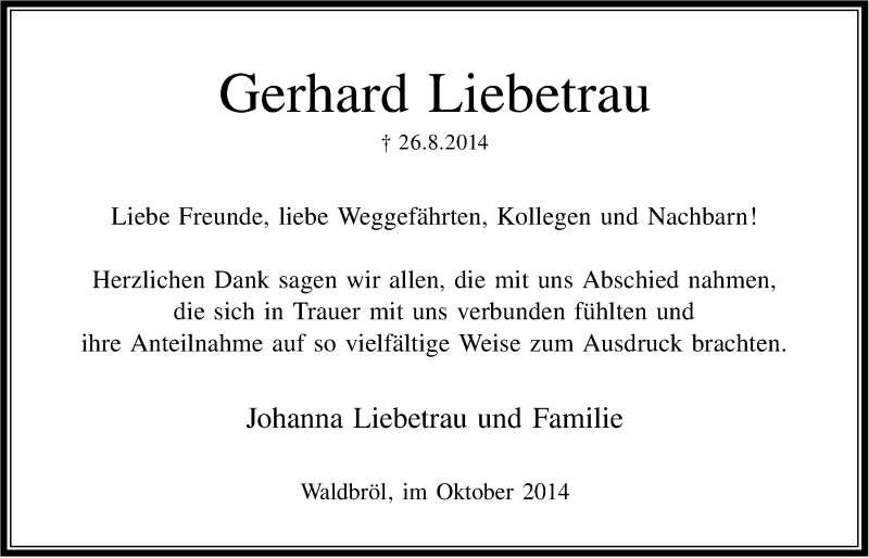  Traueranzeige für Gerhard Liebetrau vom 15.10.2014 aus  Anzeigen Echo 