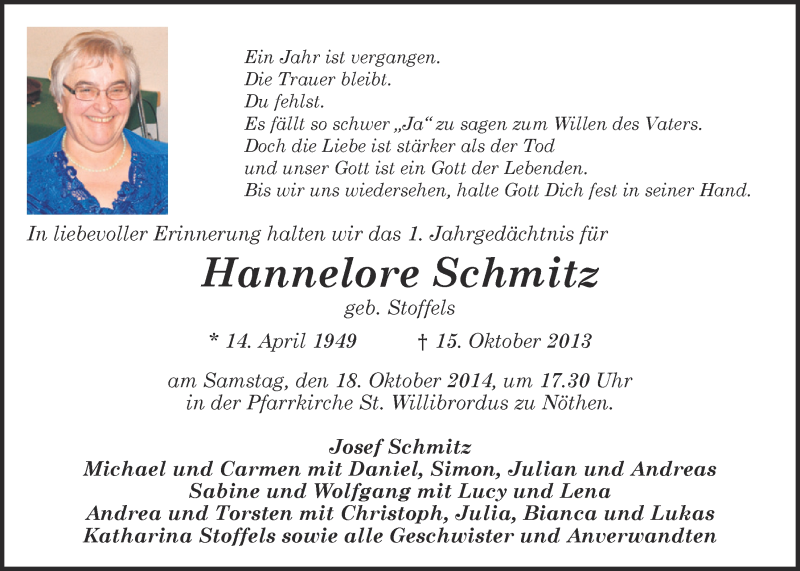  Traueranzeige für Hannelore Schmitz vom 12.10.2014 aus  Blickpunkt Euskirchen 