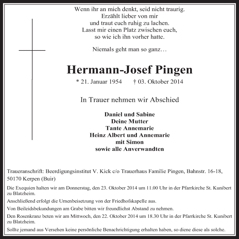  Traueranzeige für Hermann-Josef Pingen vom 15.10.2014 aus  Werbepost 