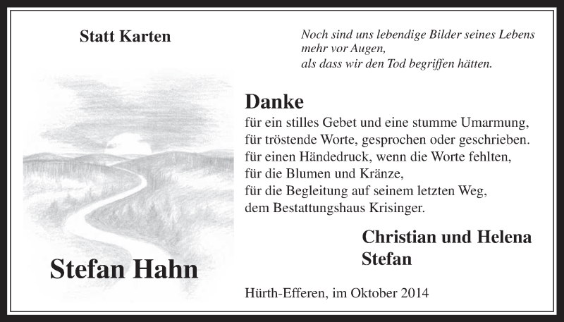  Traueranzeige für Stefan Hahn vom 15.10.2014 aus  Wochenende 