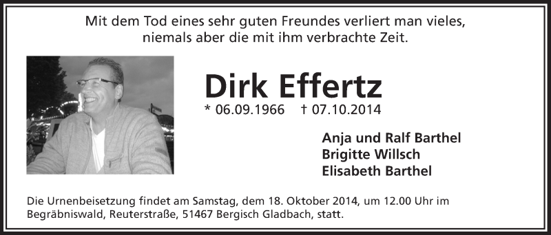  Traueranzeige für Dirk Effertz vom 15.10.2014 aus  Bergisches Handelsblatt 