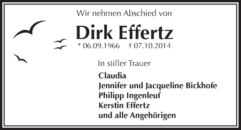  Traueranzeige für Dirk Effertz vom 15.10.2014 aus  Bergisches Handelsblatt 