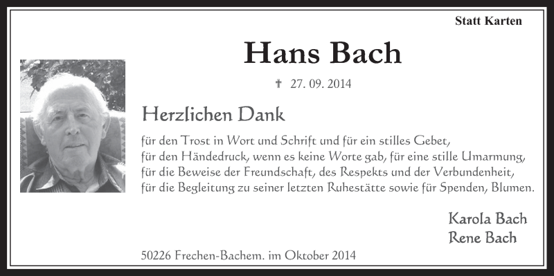  Traueranzeige für Hans Bach vom 22.10.2014 aus  Wochenende 