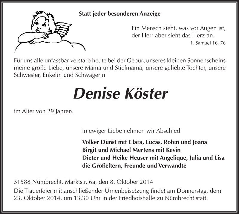  Traueranzeige für Denise Köster vom 22.10.2014 aus  Anzeigen Echo  Lokalanzeiger 