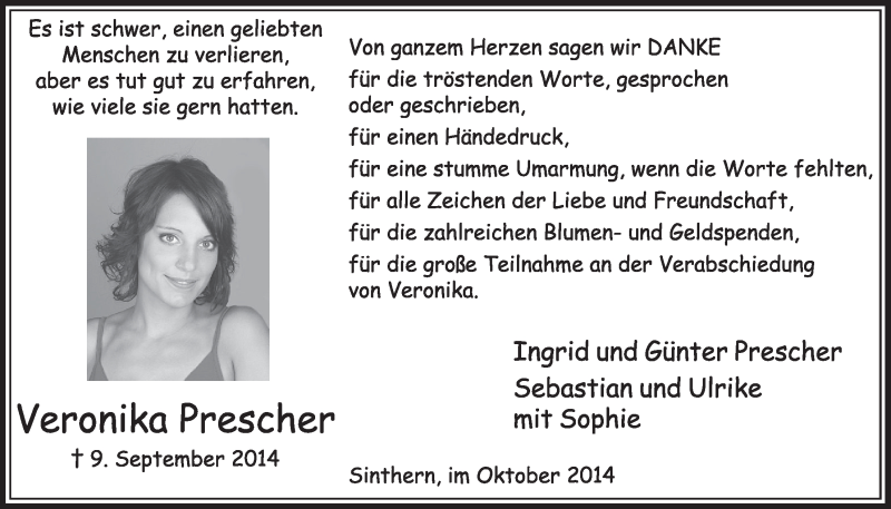  Traueranzeige für Veronika Prescher vom 18.10.2014 aus  Sonntags-Post 