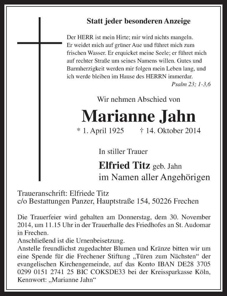  Traueranzeige für Marianne Jahn vom 22.10.2014 aus  Wochenende 