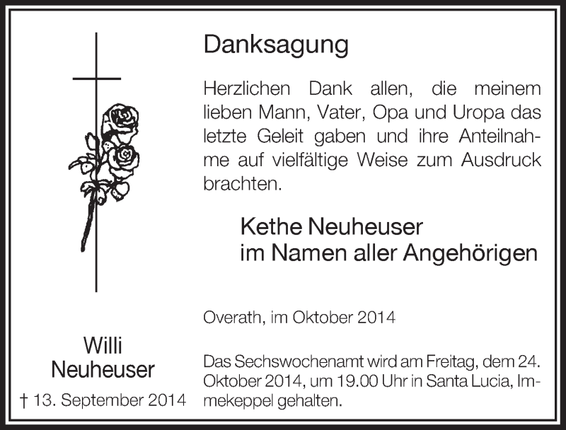  Traueranzeige für Willi Neuheuser vom 22.10.2014 aus  Bergisches Handelsblatt 