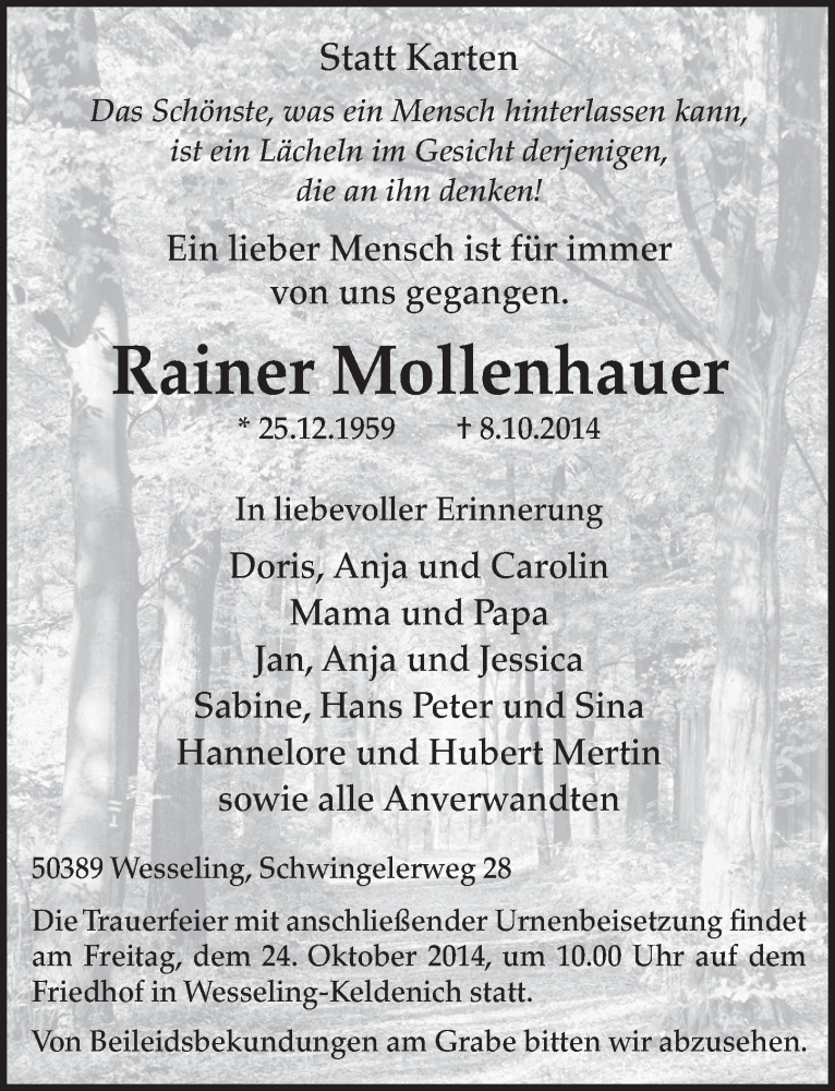  Traueranzeige für Rainer Mollenhauer vom 22.10.2014 aus  Schlossbote/Werbekurier 