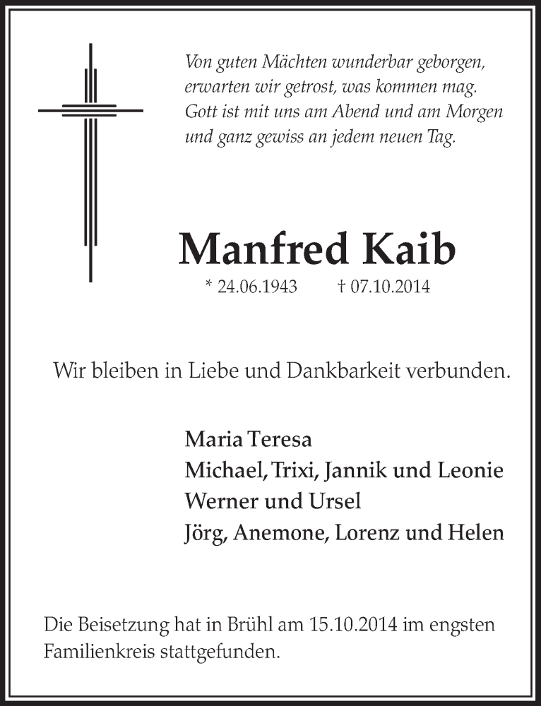  Traueranzeige für Manfred Kaib vom 22.10.2014 aus  Schlossbote/Werbekurier 