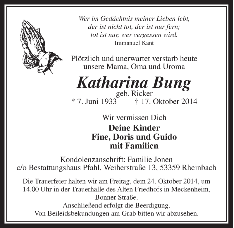  Traueranzeige für Katharina Bung vom 22.10.2014 aus  Schaufenster/Blickpunkt 
