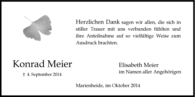  Traueranzeige für Konrad Meier vom 22.10.2014 aus  Anzeigen Echo 