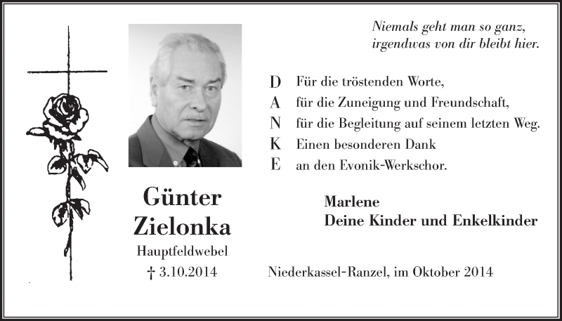  Traueranzeige für Günter Zielonka vom 22.10.2014 aus  Extra Blatt 